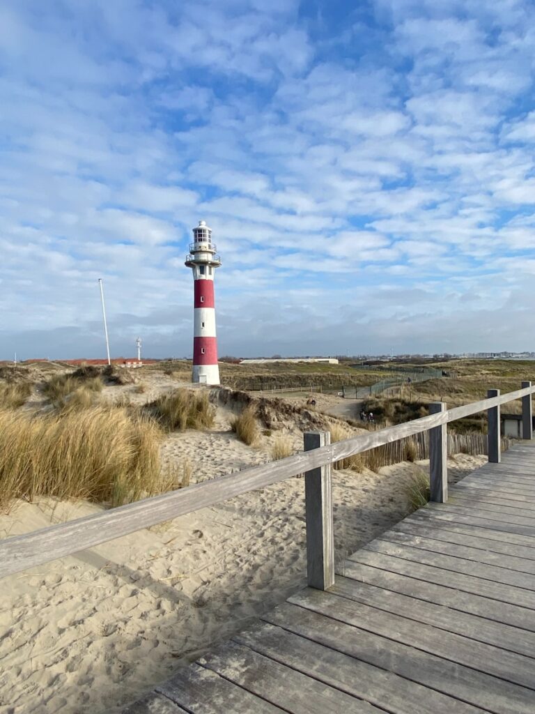 A boardwalk leading to a light house on a beach